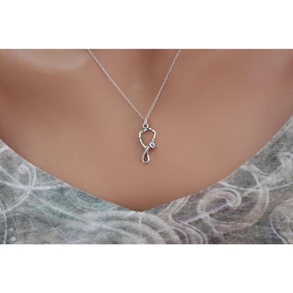 Sterling Silver Stethoscope Charm Necklace, Sterling Silver Stethoscope Necklace - Picture 2 of 5